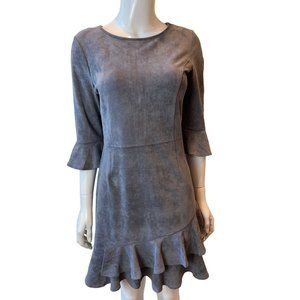 Aryeh Womens Vegan Suede Ruffled Mini Dress 3/4 Sleeve Crew Neck Gray SZ Small